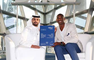 Ahmed bin Sulayem presenting Kobe Bryant with a DMCC Free Zone business licence when the NBA superstar was in Dubai last month. (SUPPLIED)