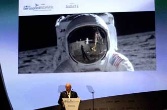 Dr. Buzz Aldrin, Astronaut, Apollo 11, is seen giving his keynote address during the Global Aerospace Summit at St. Regis Hotel in Saadiyat Island, Abu Dhabi.
